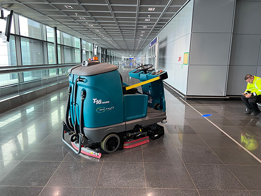 T16AMR Robotic Scrubber Cleaning the Airport