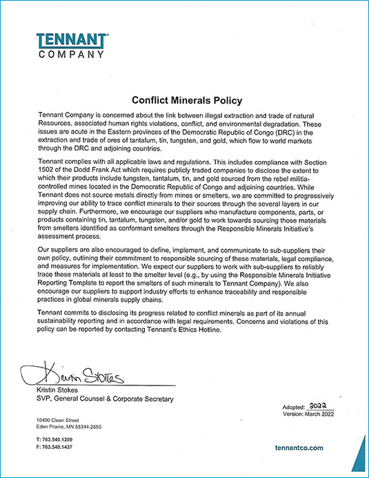 Tennant Conflict Mineral Policy